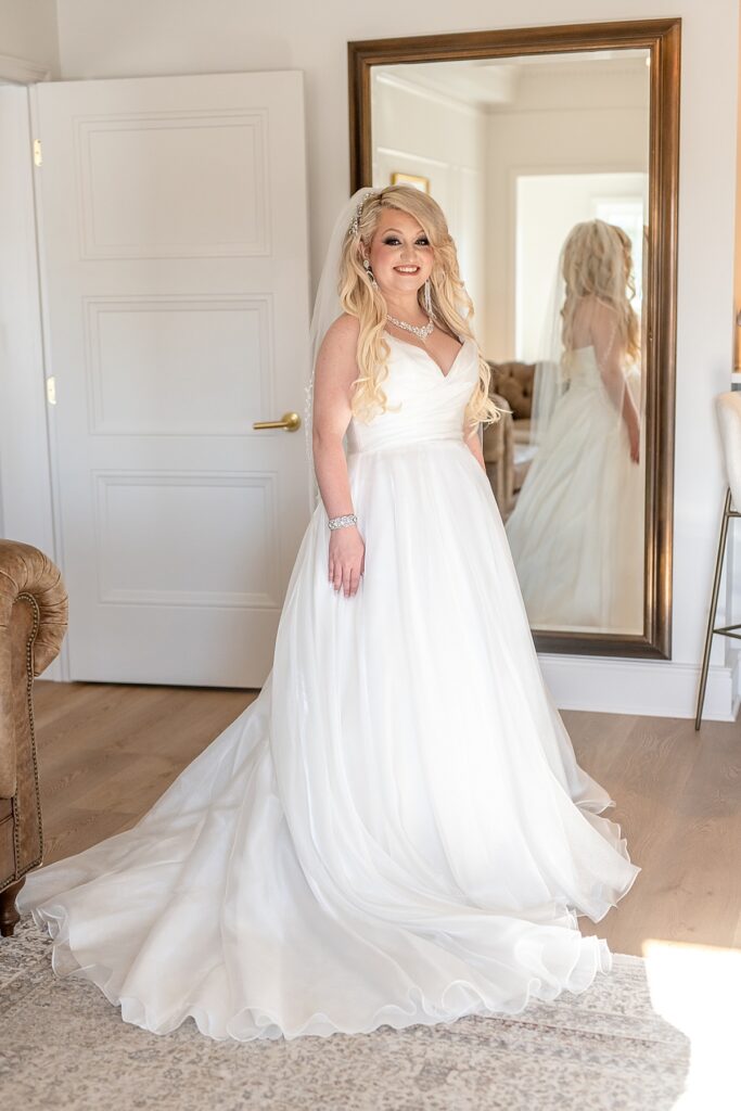 Bride in wedding gown at The historic Publisher Hotel in Fredericksburg Virginia wedding photography