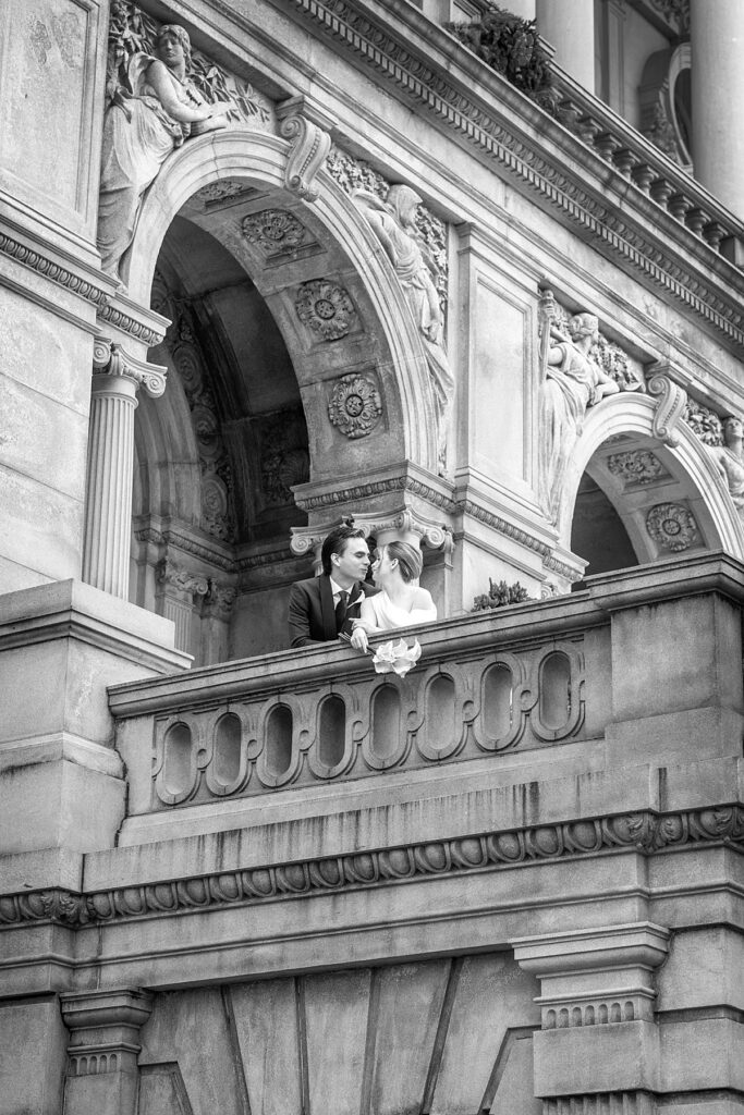 Bride and groom at the Library of Congress on their wedding day