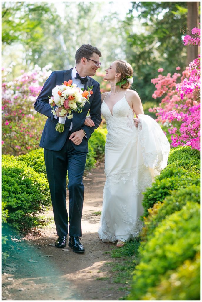 First look with couple in Washington DC Arboretum, one of the many DC wedding venues.