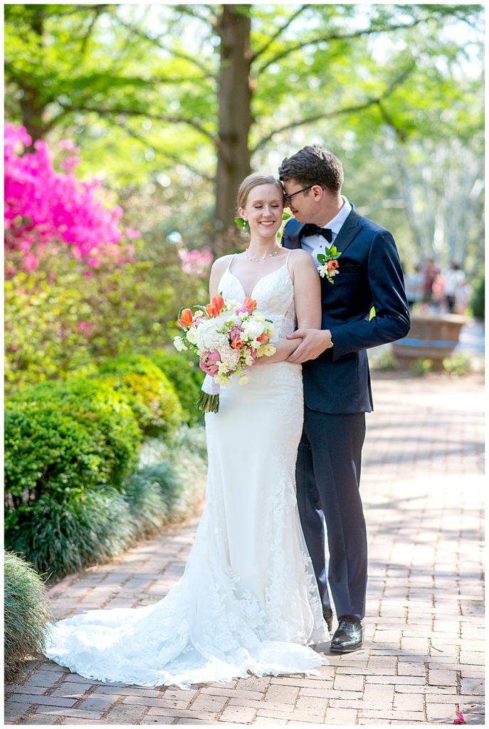 DC Wedding venue portrait in the Azaleas inside the Arboretum before ceremony.