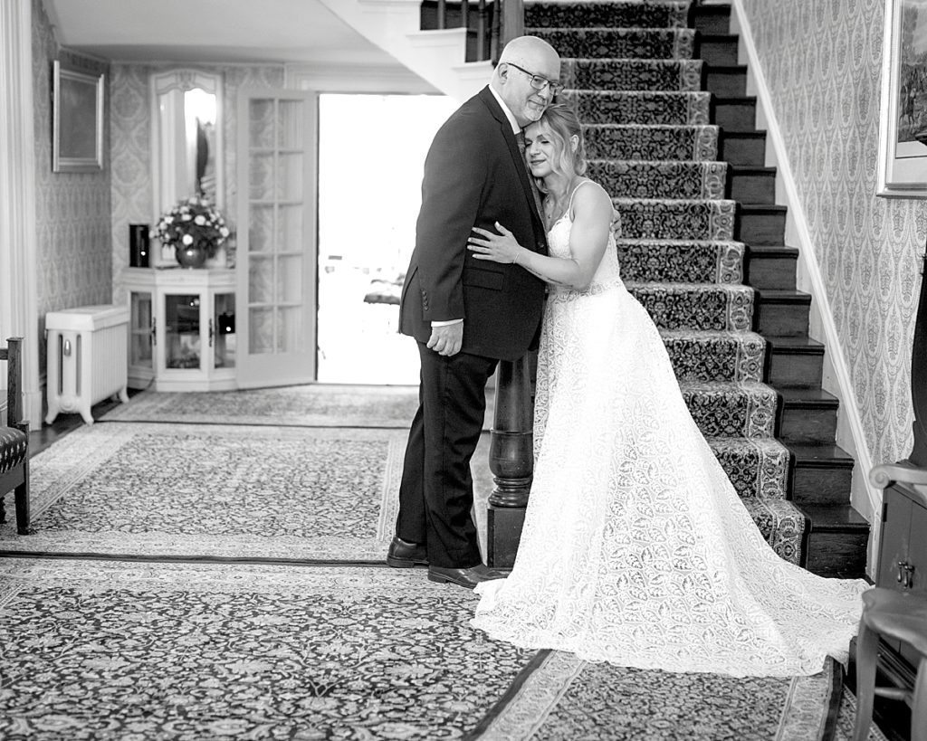 First look with her Dad before rustic wedding in Maryland