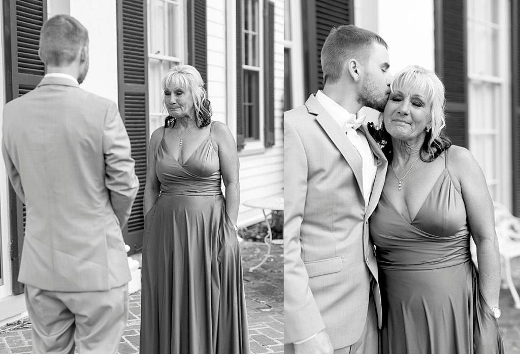 Groom does first look with Mom - rustic Maryland wedding venue, Crown Rose Estate