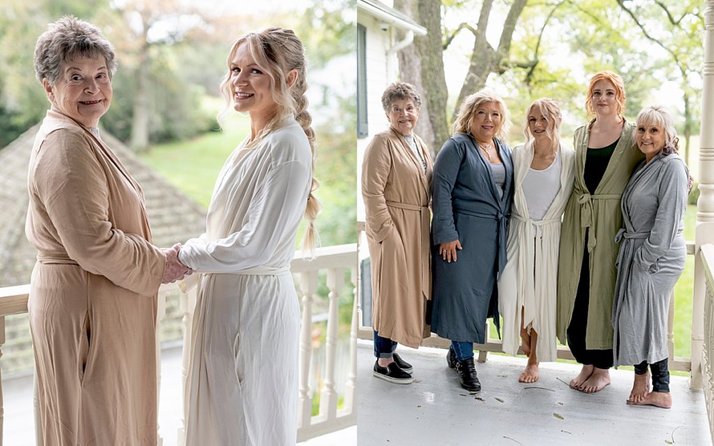 Bride with her grandmother, mother, and maid of honor before her rustic Maryland wedding at the Crown Rose Estate.