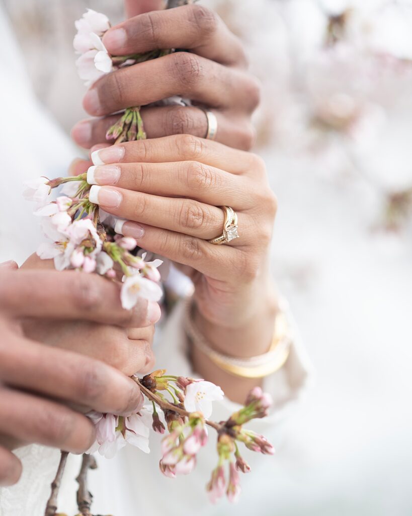 Wedding rings and cherry blossoms - DC War Memorial wedding