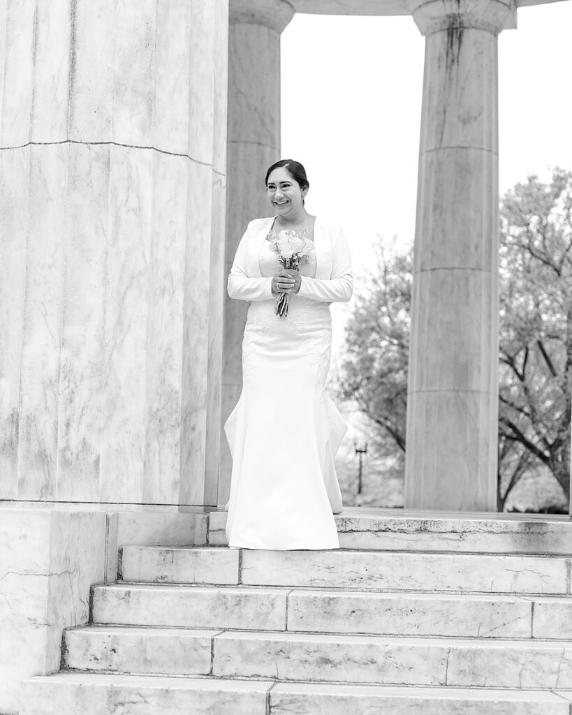 Bride walks towards groom at DC War Memorial Wedding