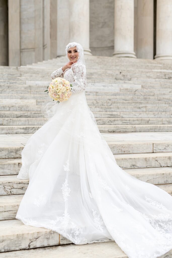 Bride portrait on the steps of the Jefferson Memorial in Washington DC