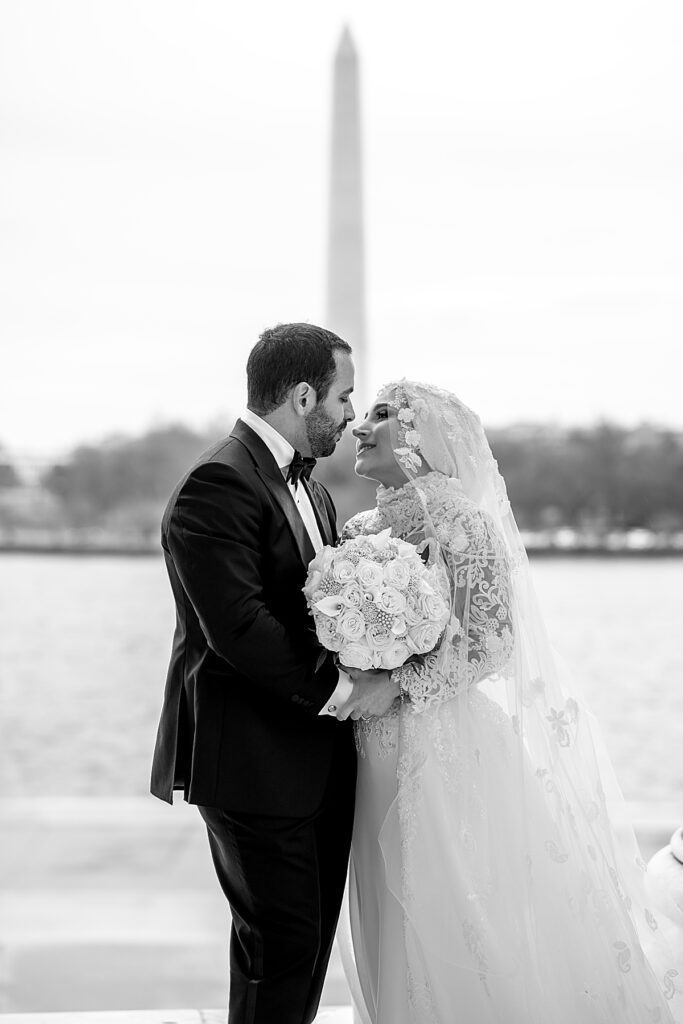 Wedding couple near Monument in Washington DC