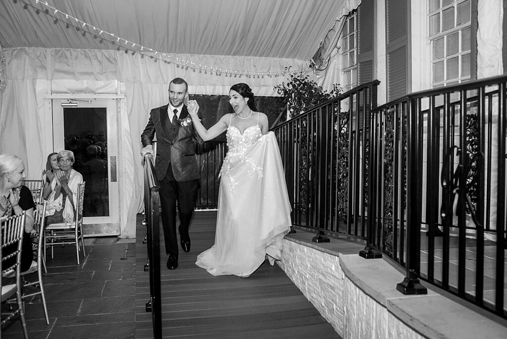 Bride and groom reception party entrance at Grey Rock Mansion