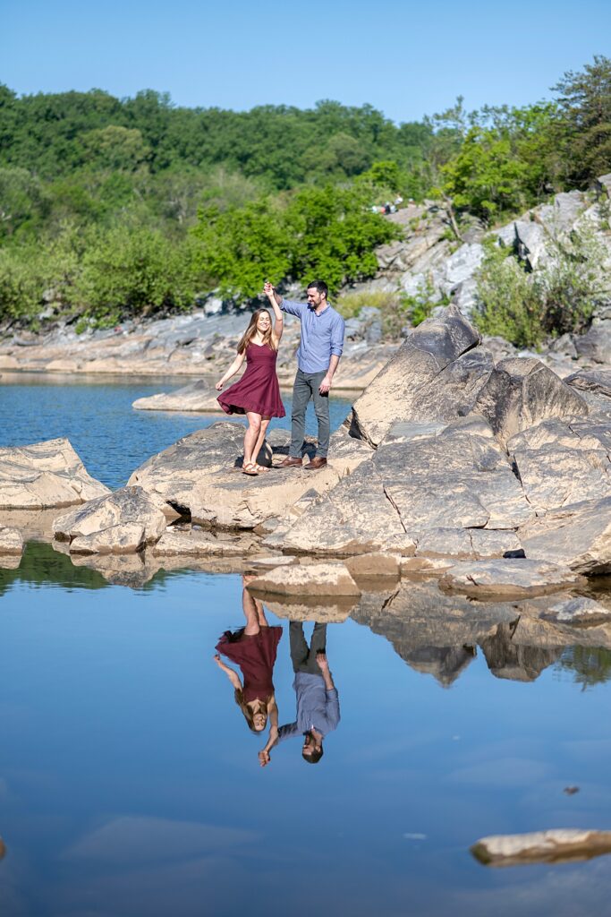 Engaged couple photo session at Great Falls Park on Virginia side.