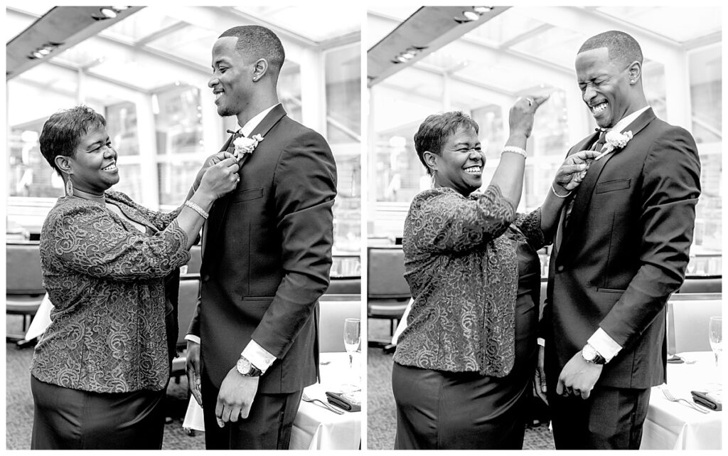 Photographer Washington, DC captures groom with his Mom helping with boutonniere