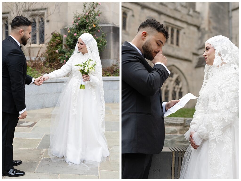 Washington DC wedding photographer captures bride and groom pre-wedding at the National Cathedral.