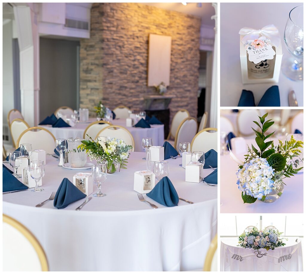 Blue and gold accents make up the decor for this wedding reception in the Bay Room at Kurtz Beach