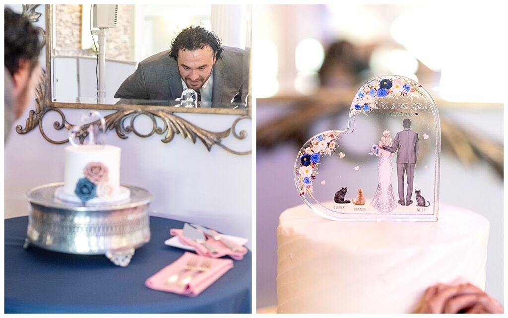 Groom sees wedding cake and custom topper for the first time at his reception