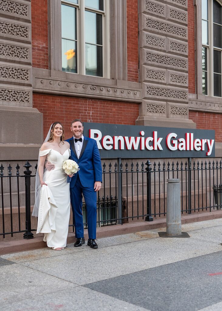 Bride and groom outside their venue - The Renwick Gallery in DC