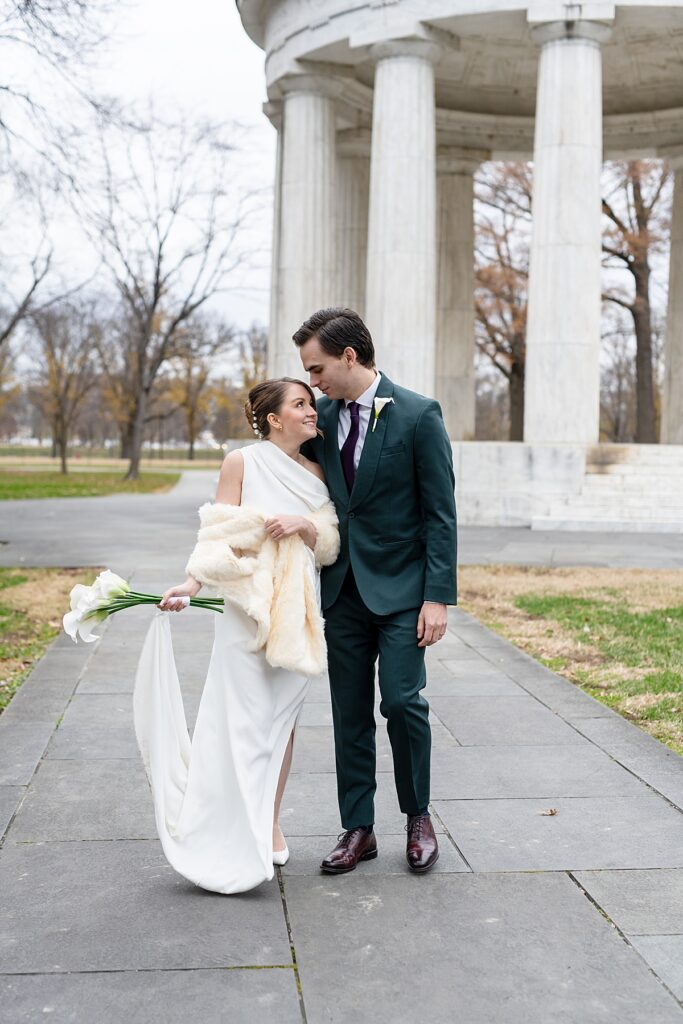 Bride and groom portrait at the WWII Memorial